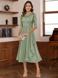 A-Line/Princess Scoop Illusion Lace Appliques Tea-Length Mother of the Bride Dresses with Pleated Ruffle