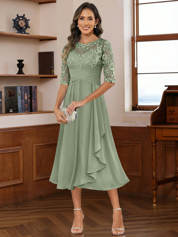 A-Line/Princess Scoop Illusion Lace Appliques Tea-Length Mother of the Bride Dresses with Pleated Ruffle