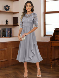 A-Line/Princess Scoop Illusion Lace Appliques Tea-Length Mother of the Bride Dresses with Pleated Ruffle