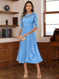 A-Line/Princess Scoop Illusion Lace Appliques Tea-Length Mother of the Bride Dresses with Pleated Ruffle