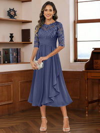 A-Line/Princess Scoop Illusion Lace Appliques Tea-Length Mother of the Bride Dresses with Pleated Ruffle