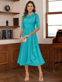 A-Line/Princess Scoop Illusion Lace Appliques Tea-Length Mother of the Bride Dresses with Pleated Ruffle