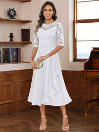A-Line/Princess Scoop Illusion Lace Appliques Tea-Length Mother of the Bride Dresses with Pleated Ruffle