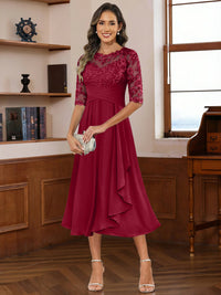 A-Line/Princess Scoop Illusion Lace Appliques Tea-Length Mother of the Bride Dresses with Pleated Ruffle