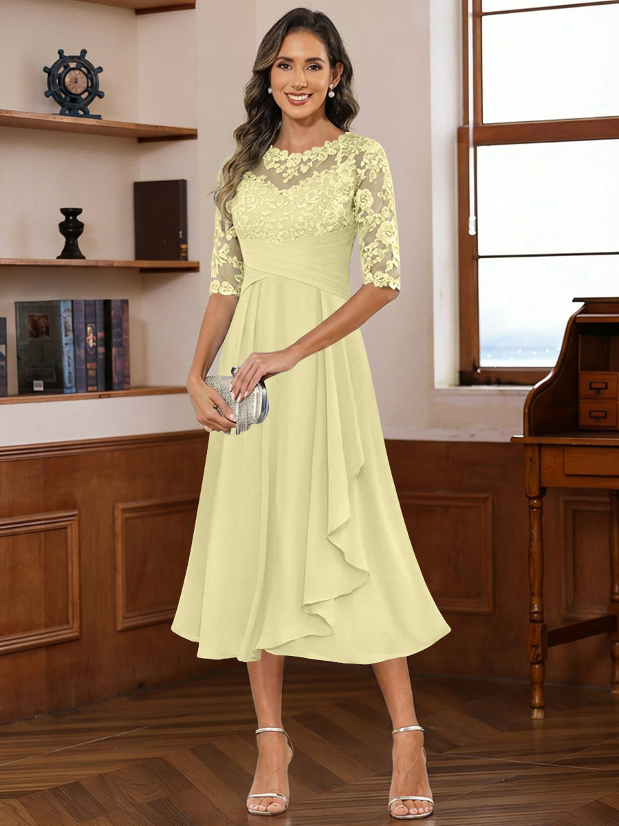 A-Line/Princess Scoop Illusion Lace Appliques Tea-Length Mother of the Bride Dresses with Pleated Ruffle