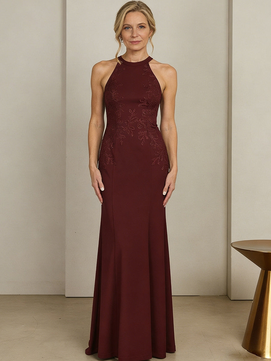 Sheath/Column Halter Scoop Neck Floor-Length Mother of the Bride Dresses with Lace Appliques