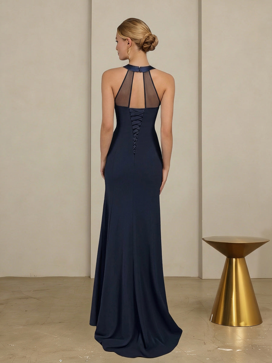 Sheath/Column Halter Scoop Neck Floor-Length Mother of the Bride Dresses with Lace Appliques