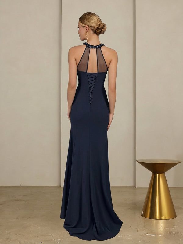 Sheath/Column Halter Scoop Neck Floor-Length Mother of the Bride Dresses with Lace Appliques