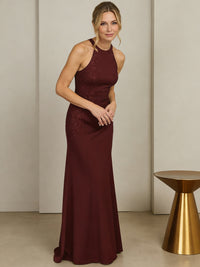 Sheath/Column Halter Scoop Neck Floor-Length Mother of the Bride Dresses with Lace Appliques