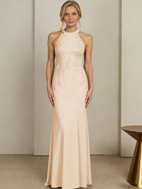 Sheath/Column Halter Scoop Neck Floor-Length Mother of the Bride Dresses with Lace Appliques