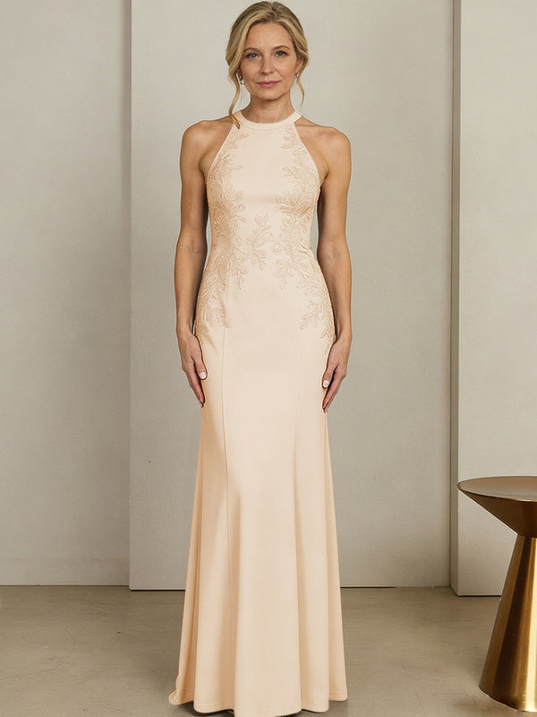 Sheath/Column Halter Scoop Neck Floor-Length Mother of the Bride Dresses with Lace Appliques