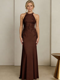 Sheath/Column Halter Scoop Neck Floor-Length Mother of the Bride Dresses with Lace Appliques