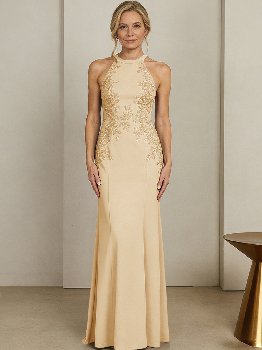 Sheath/Column Halter Scoop Neck Floor-Length Mother of the Bride Dresses with Lace Appliques