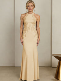 Sheath/Column Halter Scoop Neck Floor-Length Mother of the Bride Dresses with Lace Appliques
