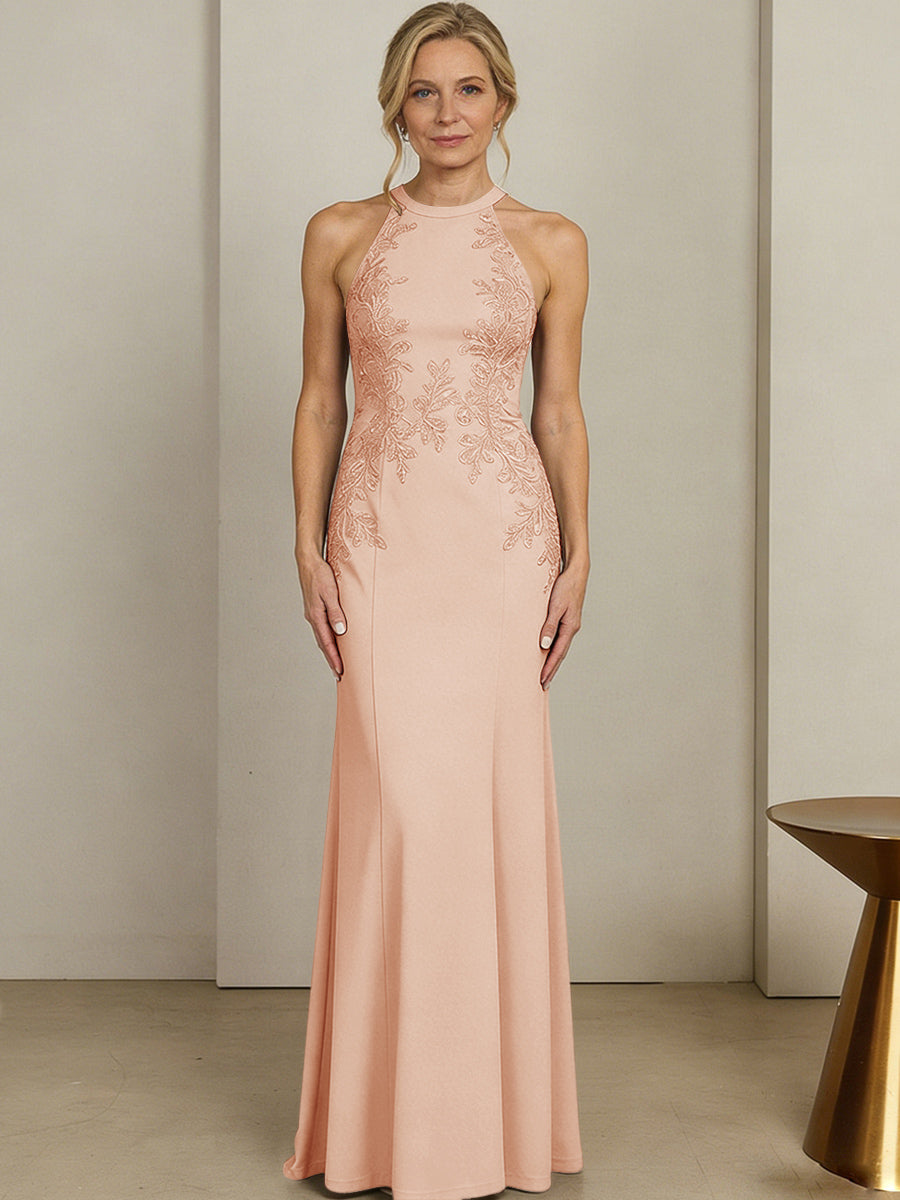 Sheath/Column Halter Scoop Neck Floor-Length Mother of the Bride Dresses with Lace Appliques