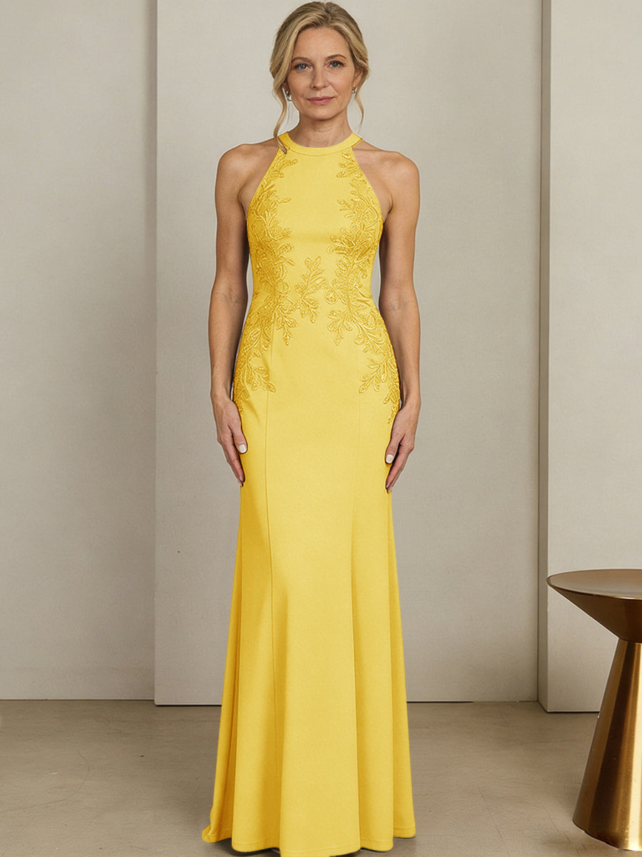Sheath/Column Halter Scoop Neck Floor-Length Mother of the Bride Dresses with Lace Appliques