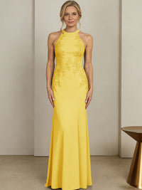 Sheath/Column Halter Scoop Neck Floor-Length Mother of the Bride Dresses with Lace Appliques