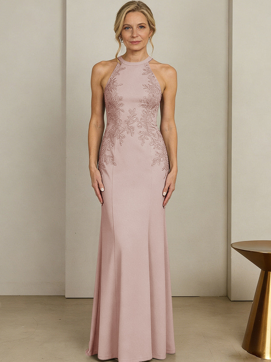 Sheath/Column Halter Scoop Neck Floor-Length Mother of the Bride Dresses with Lace Appliques