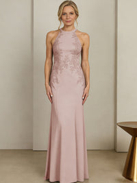 Sheath/Column Halter Scoop Neck Floor-Length Mother of the Bride Dresses with Lace Appliques