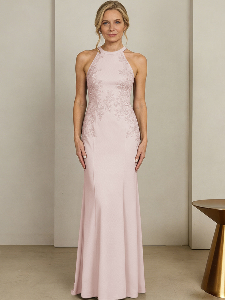 Sheath/Column Halter Scoop Neck Floor-Length Mother of the Bride Dresses with Lace Appliques