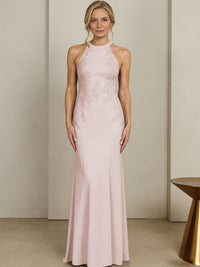 Sheath/Column Halter Scoop Neck Floor-Length Mother of the Bride Dresses with Lace Appliques