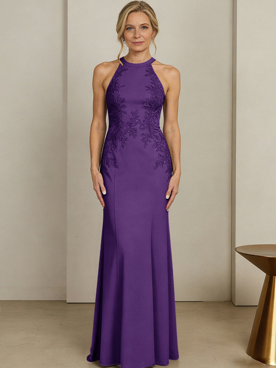 Sheath/Column Halter Scoop Neck Floor-Length Mother of the Bride Dresses with Lace Appliques