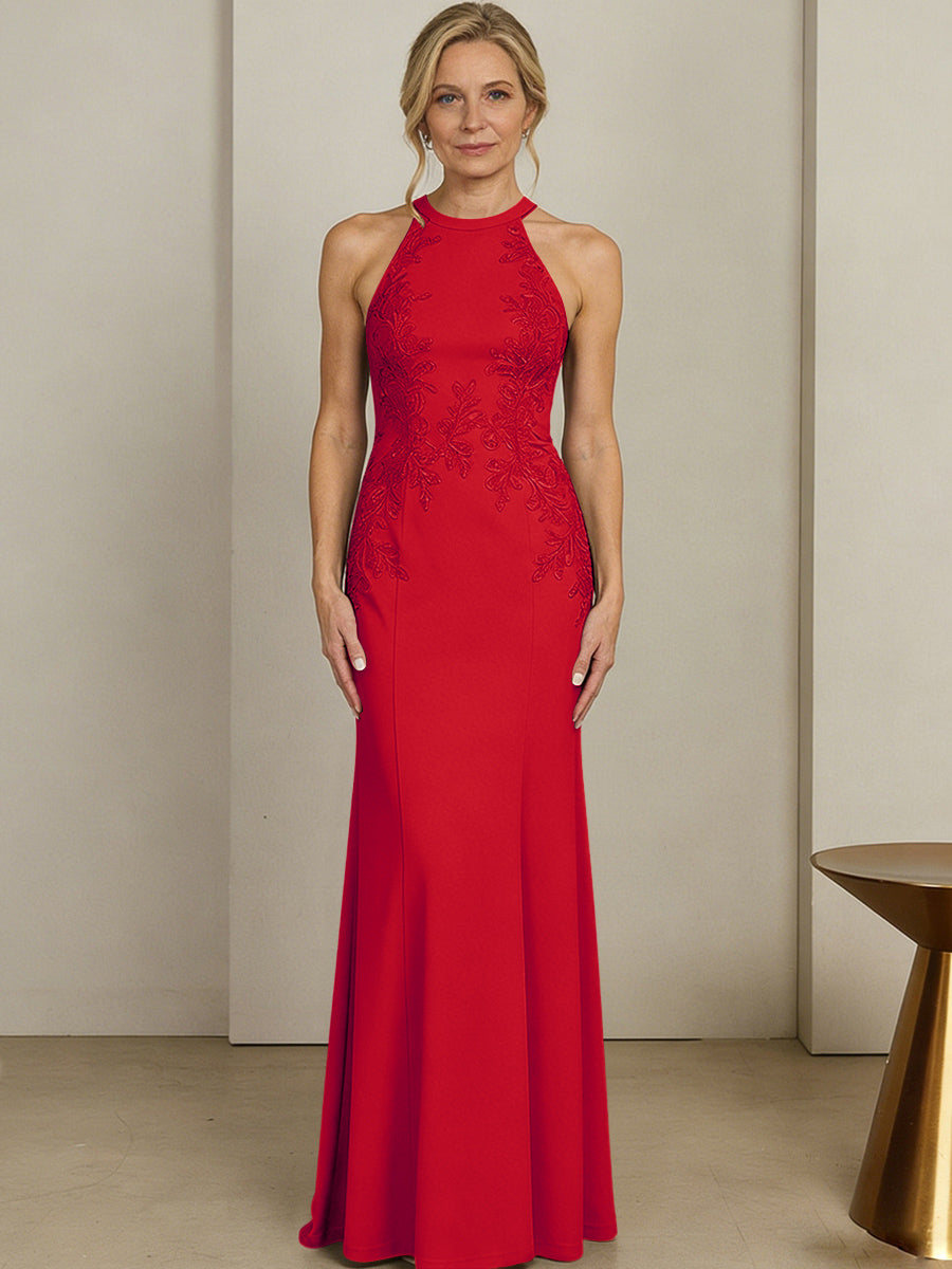 Sheath/Column Halter Scoop Neck Floor-Length Mother of the Bride Dresses with Lace Appliques