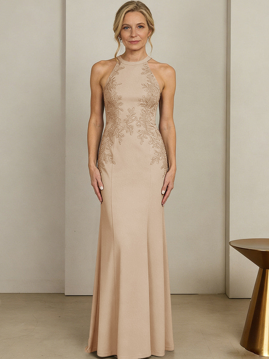 Sheath/Column Halter Scoop Neck Floor-Length Mother of the Bride Dresses with Lace Appliques