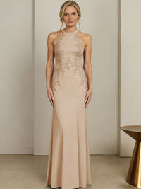 Sheath/Column Halter Scoop Neck Floor-Length Mother of the Bride Dresses with Lace Appliques