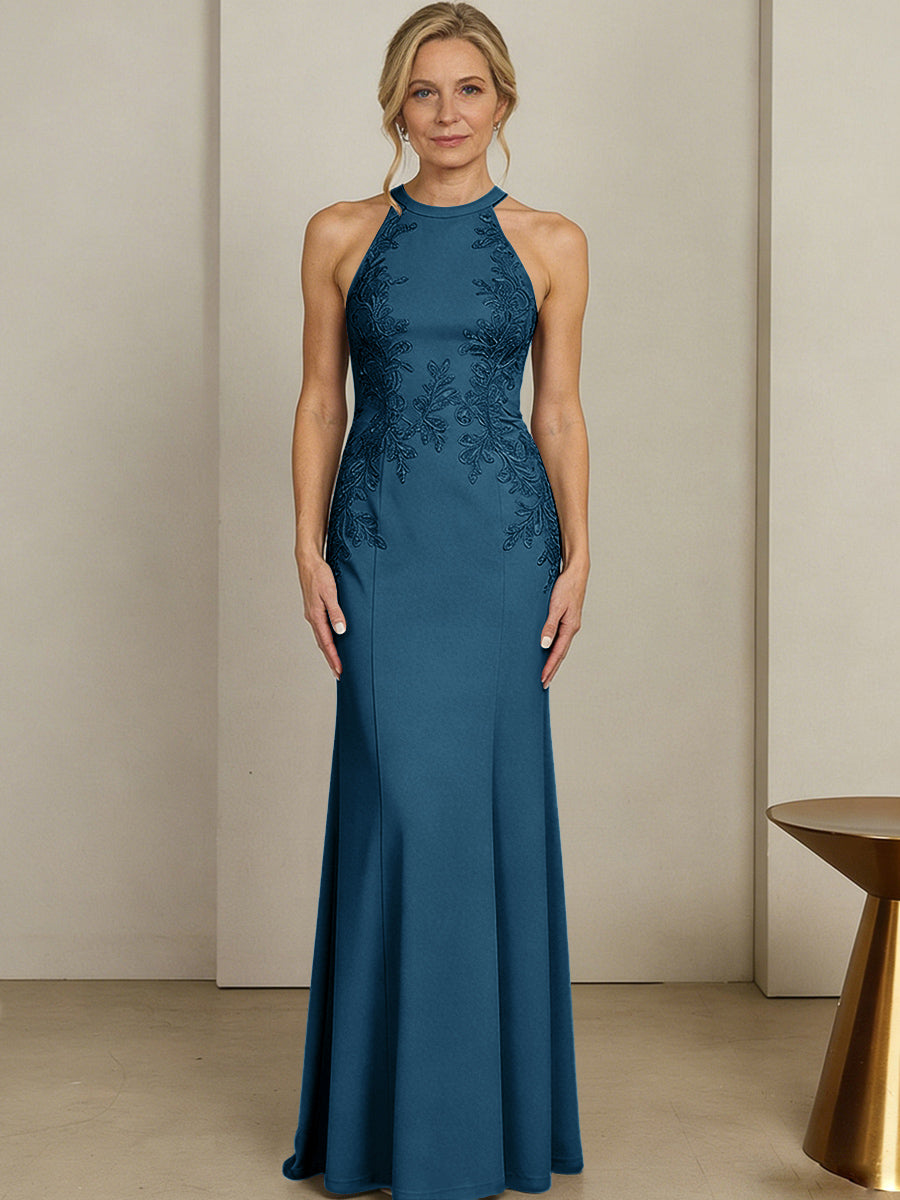Sheath/Column Halter Scoop Neck Floor-Length Mother of the Bride Dresses with Lace Appliques