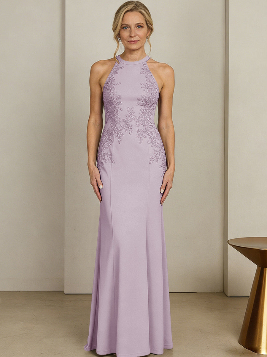 Sheath/Column Halter Scoop Neck Floor-Length Mother of the Bride Dresses with Lace Appliques
