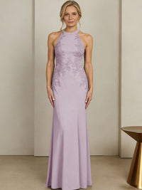 Sheath/Column Halter Scoop Neck Floor-Length Mother of the Bride Dresses with Lace Appliques