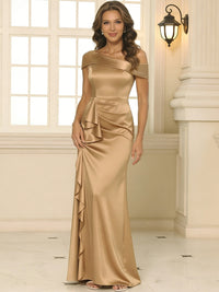 Sheath/Column Asymmetrical Pleated Satin Floor-Length Mother of the Bride Dresses with Ruffle