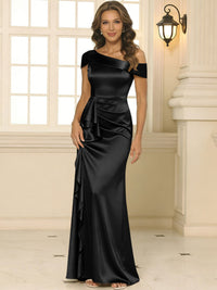 Sheath/Column Asymmetrical Pleated Satin Floor-Length Mother of the Bride Dresses with Ruffle