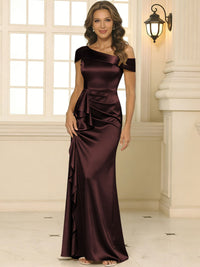 Sheath/Column Asymmetrical Pleated Satin Floor-Length Mother of the Bride Dresses with Ruffle