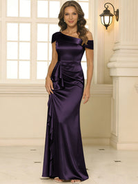 Sheath/Column Asymmetrical Pleated Satin Floor-Length Mother of the Bride Dresses with Ruffle