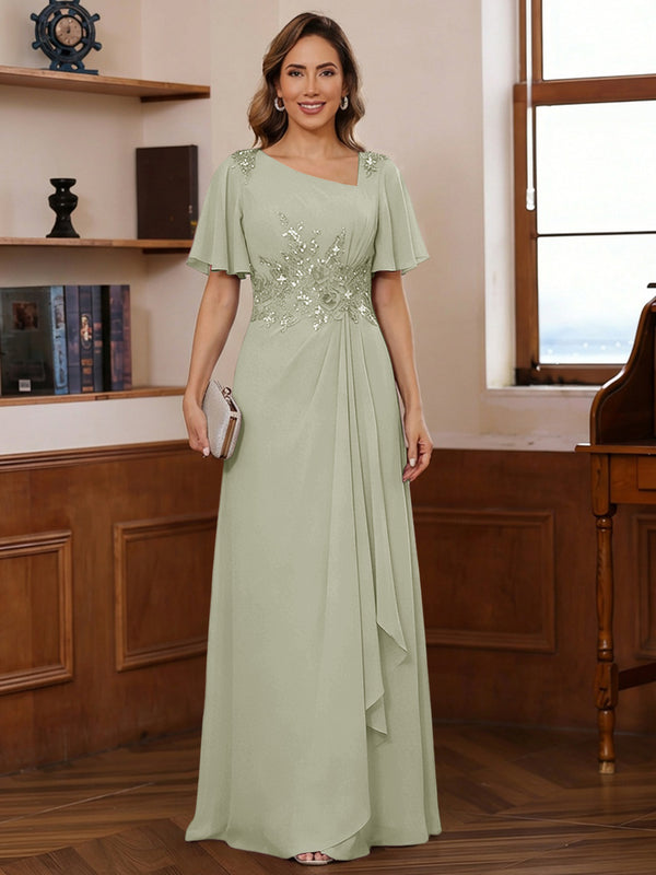 A-Line/Princess Asymmetrical Pleated Floor-Length Mother of the Bride Dresses with Sequins