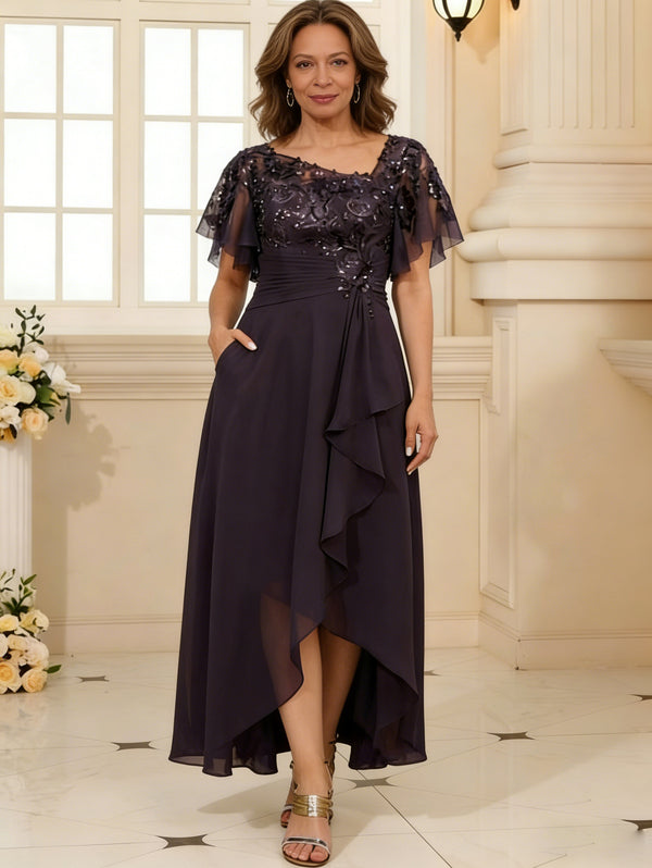 A-Line/Princess Asymmetrical Pleated Ruffle Tea-Length Mother of the B   Shirees
