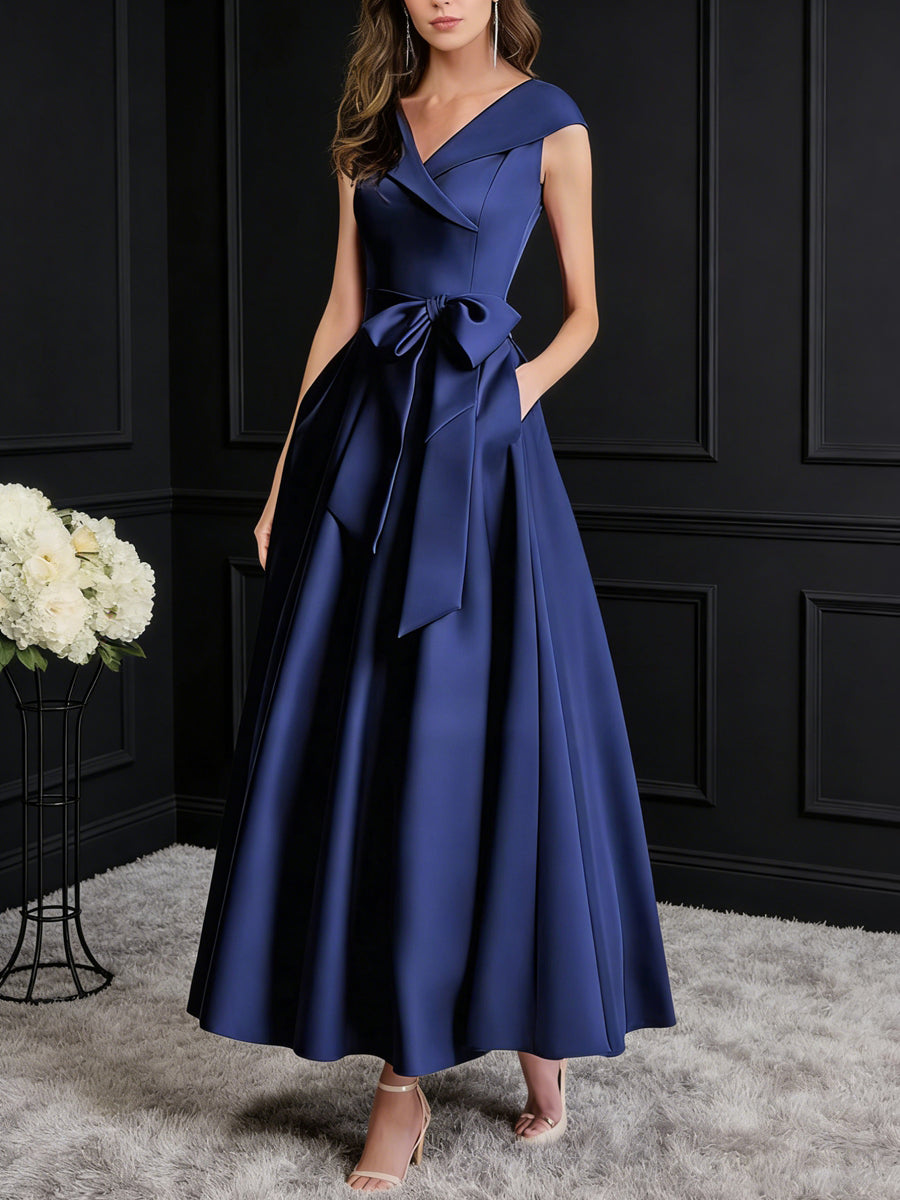 A-Line/Princess V-Neck Pleated Satin Tea-Length Mother of the Bride Dresses with Bow