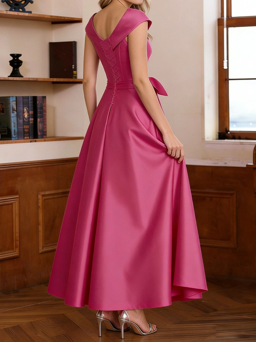 A-Line/Princess V-Neck Pleated Satin Tea-Length Mother of the Bride Dresses with Bow