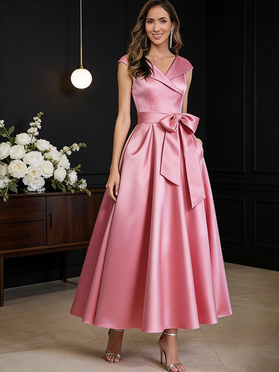 A-Line/Princess V-Neck Pleated Satin Tea-Length Mother of the Bride Dresses with Bow