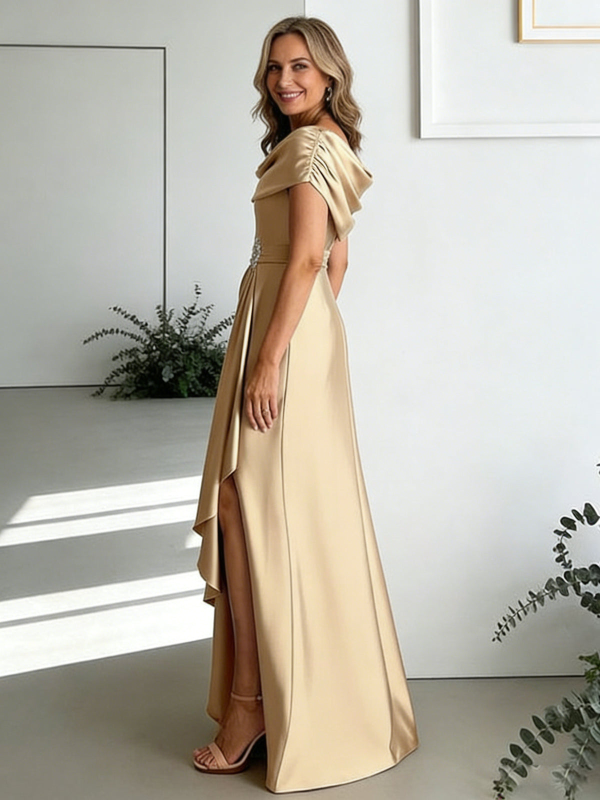 knee length dresses for ladies A-Line/Princess Scoop Neck Pleated Ruffle Satin Floor-Length Mother of –  Shirees