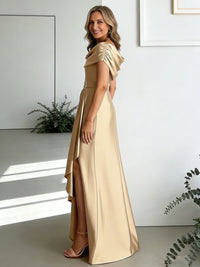 A-Line/Princess Scoop Neck Pleated Ruffle Satin Floor-Length Mother of the Bride Dresses with Slit