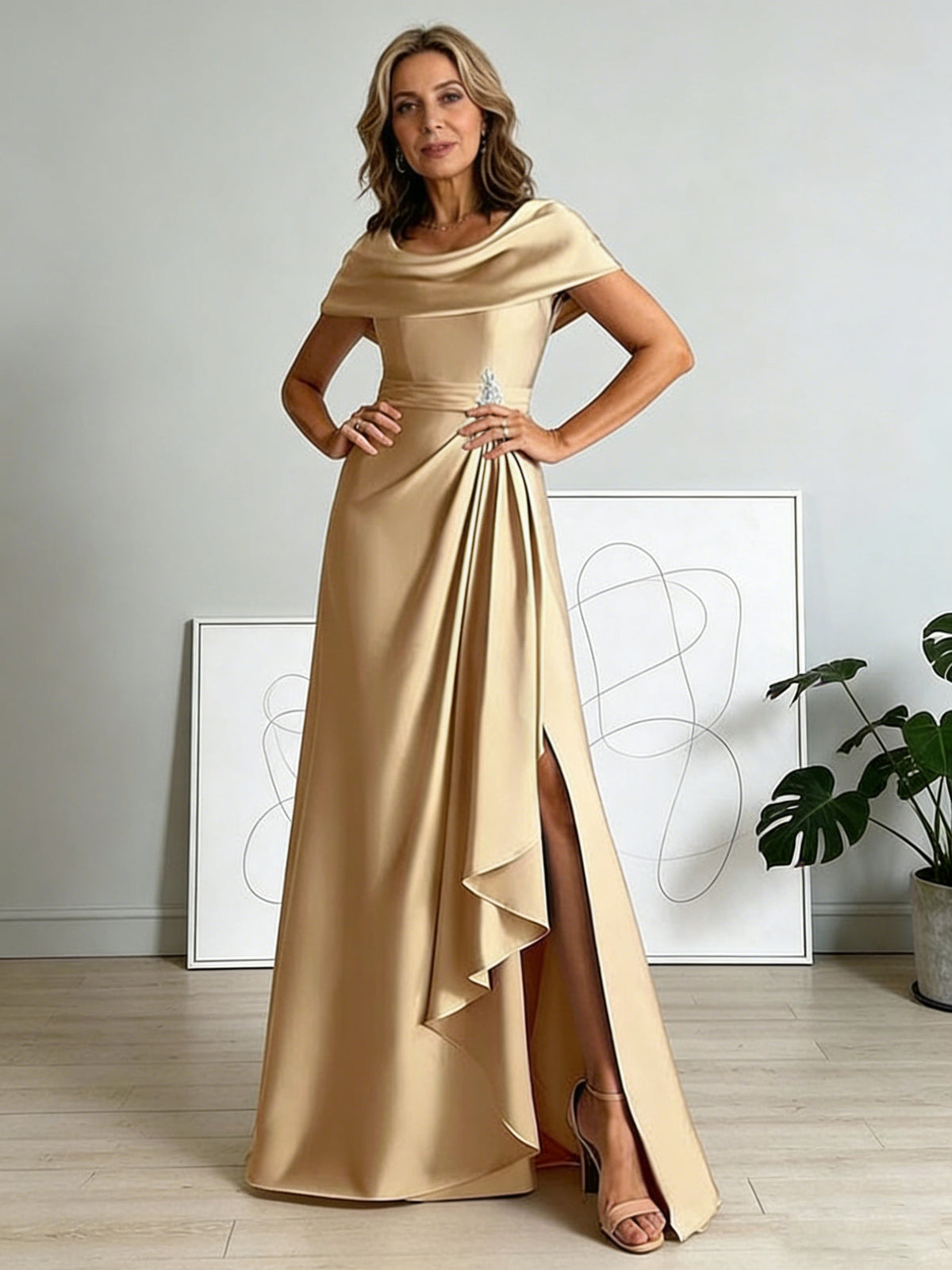 Champagne Mother of the Bride Dress 2026 Off Shoulder Wedding Party Dress Satin Formal Guest Gown with Slit Champagne Mother of the Bride Dress 2026 Off Shoulder Wedding Party Dress Satin Formal Guest Gown with Slit