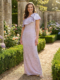 Sheath Sequin Off Shoulder Floor-Length Mother of the Bride Dresses with Satin Shoulder Bow