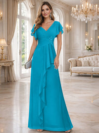 A-Line/Princess V-Neck Pleated Ruffle Floor-Length Mother of the Bride Dresses with Applique