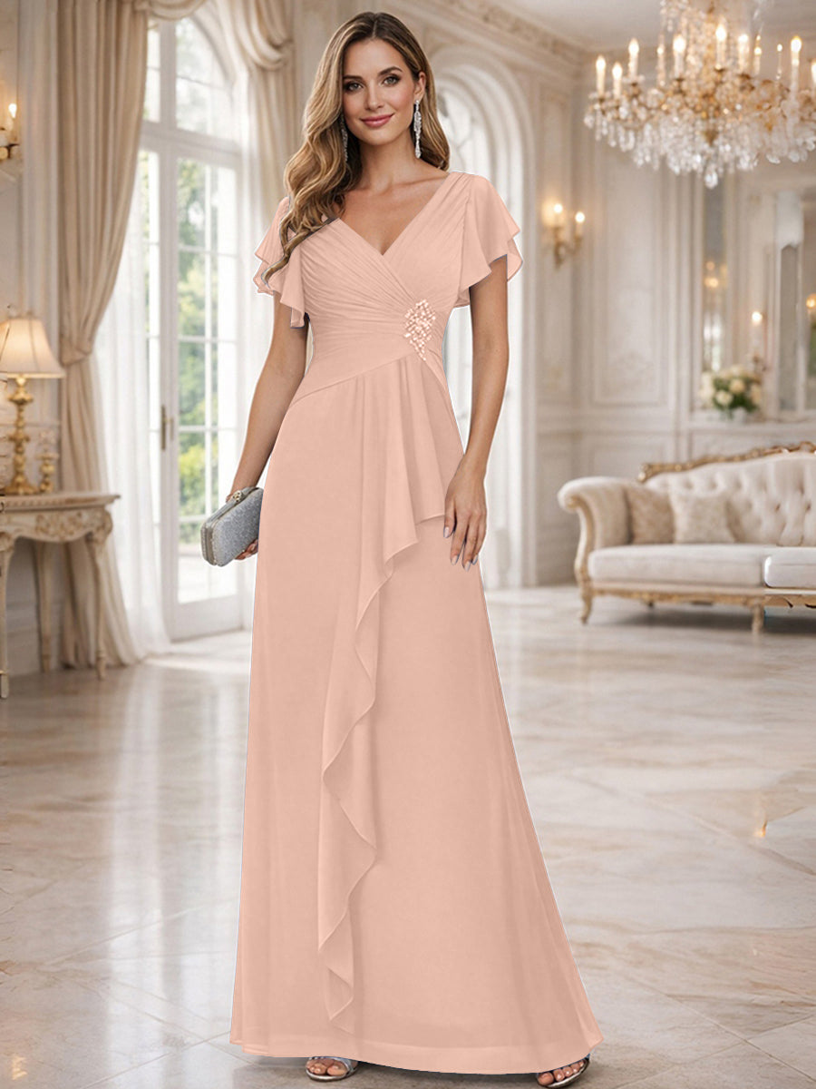 A-Line/Princess V-Neck Pleated Ruffle Floor-Length Mother of the Bride Dresses with Applique