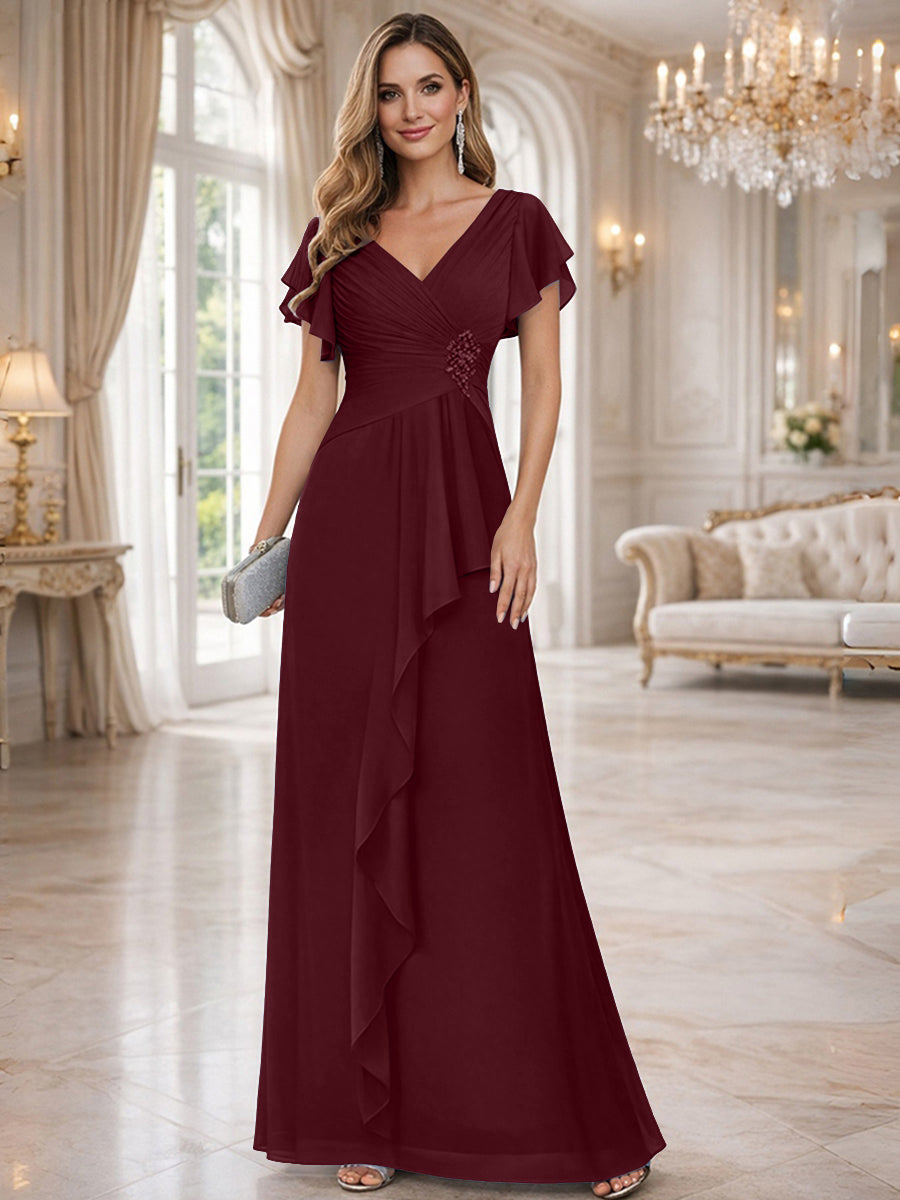 A-Line/Princess V-Neck Pleated Ruffle Floor-Length Mother of the Bride Dresses with Applique