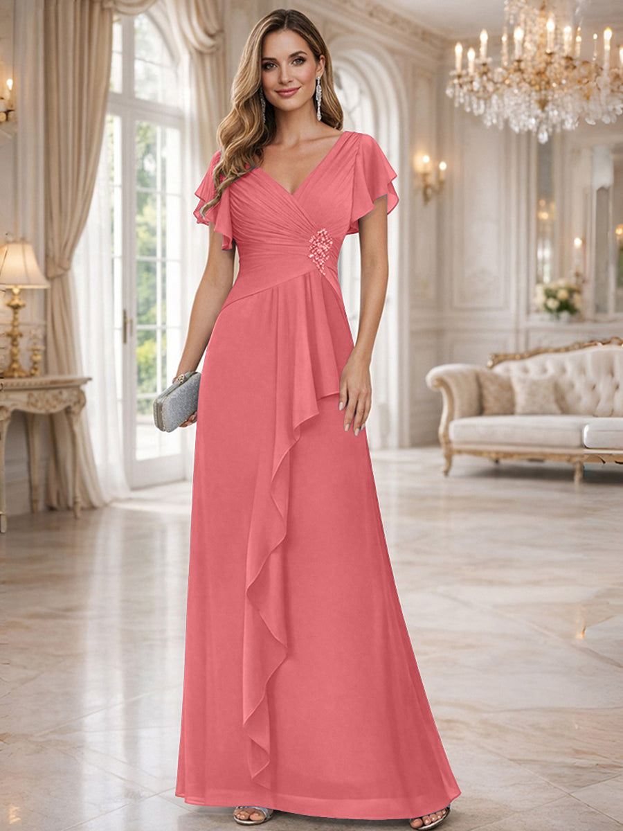 A-Line/Princess V-Neck Pleated Ruffle Floor-Length Mother of the Bride Dresses with Applique