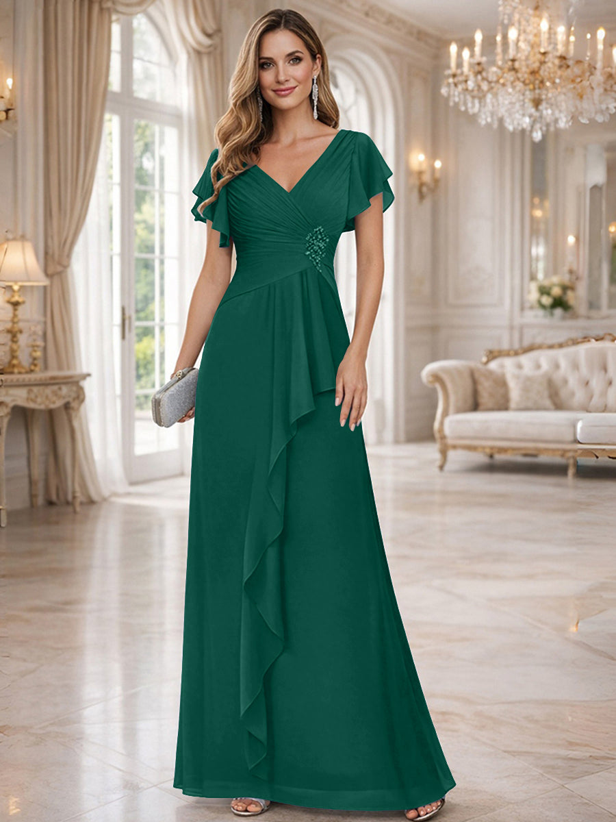 A-Line/Princess V-Neck Pleated Ruffle Floor-Length Mother of the Bride Dresses with Applique